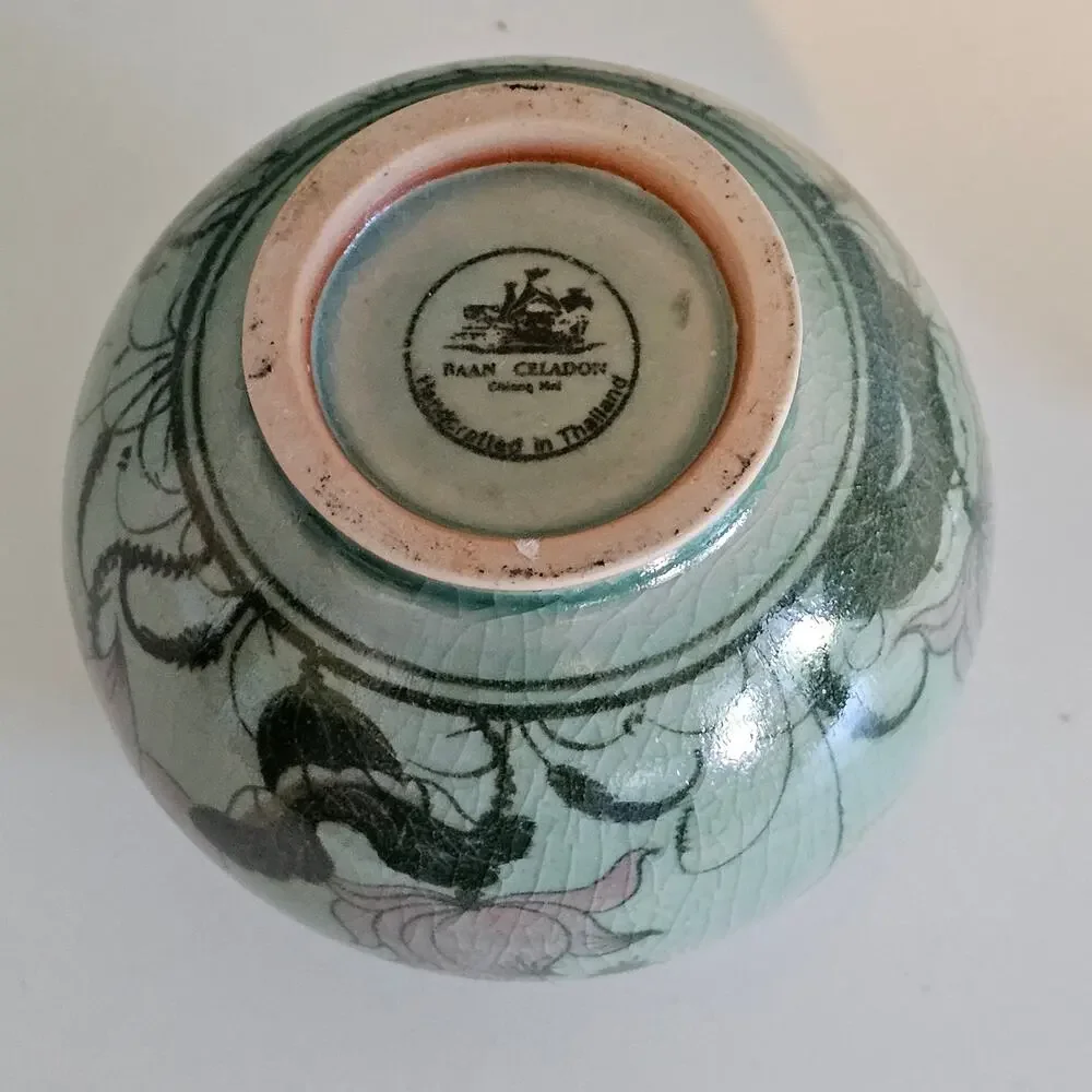 Vintage Baan Celadon Pottery Crackle Glaze Jar with Lotus Flowers from Thailand